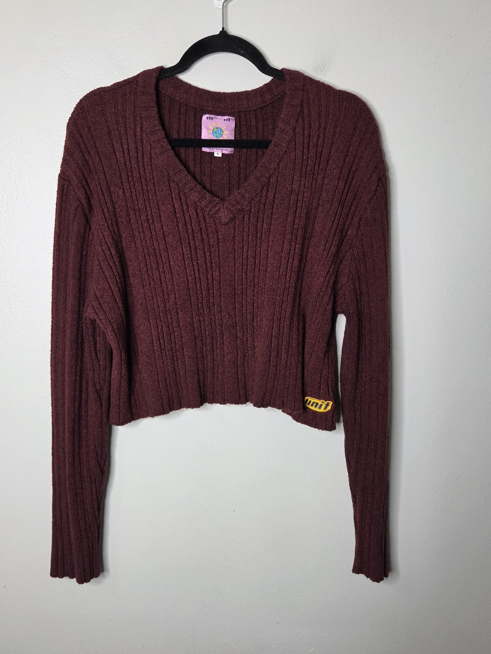 Unif Maroon Ribbed V-neck Cropped Sweater